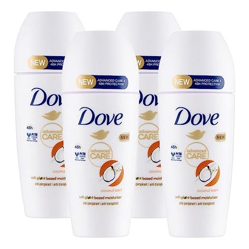Dove deodorante go fresh roll-on cocco protezione 48h 0% alcol antitraspirante profumo fresco e fruttato - 4 flaconi da 50ml
