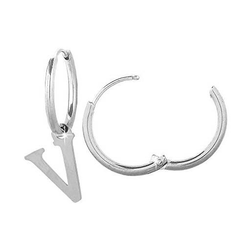 Beloved orecchini da donna a cerchio in acciaio - uno con iniziale e uno a cerchietto semplice - per lobi forati - chiusura a scatto (silver lettera v)