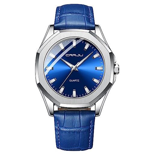CRRJU orologi da uomo impermeabile orologio da polso uomo cinturino in pelle nera analogico al quarzo di lusso, blu, classico