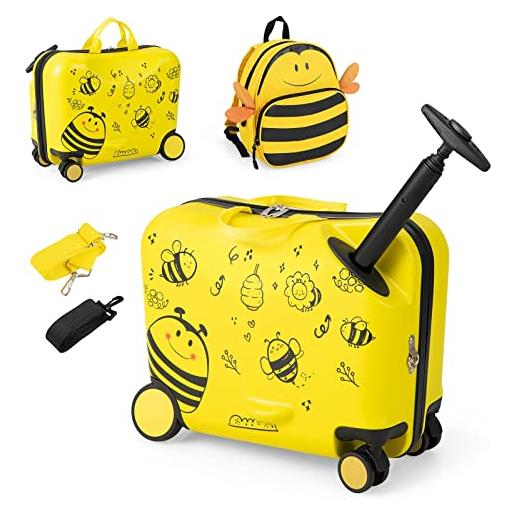 GYMAX trolley per bambini, set di valigia & zaino scuola carino (12+18, ape)