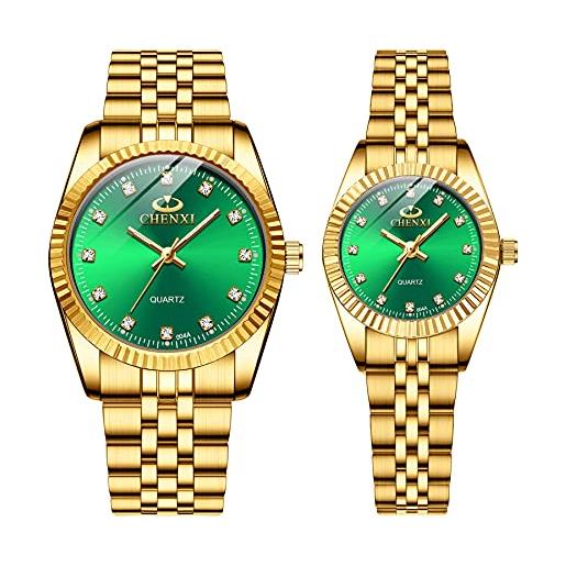 JewelryWe - orologio da polso al quarzo coppia in acciaio inossidabile con zircone brillante con lancette luminose regalo per uomo donna