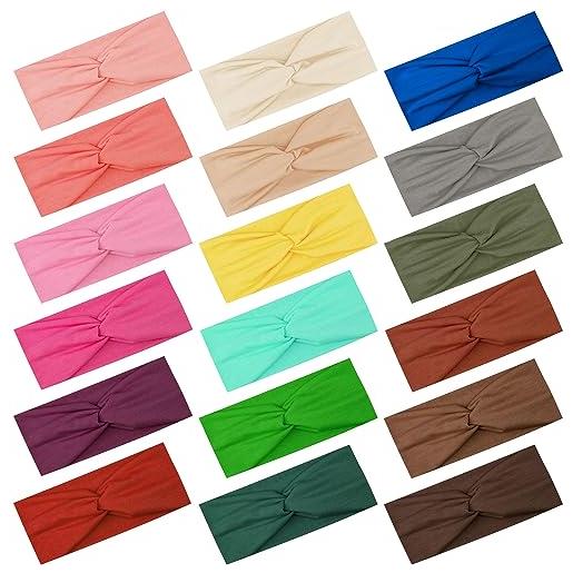 FEQO 18 pezzi fasce per capelli elastica fasce capelli donna turbante fascia sport elastiche fasce nodo croce fascia capelli larga per ragazze donne yoga sport, 18 colori