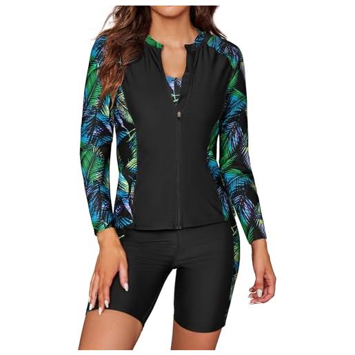 SHEKINI tankini da donna, 3 pezzi, a maniche lunghe, rash guard con chiusura lampo, maglietta da surf, costume da bagno, blu scuro-a. , xs