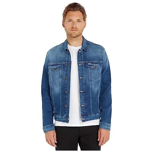 Tommy Hilfiger tommy jeans giacca in jeans uomo trucker jacket elasticizzata, blu (wilson mid blue stretch), l