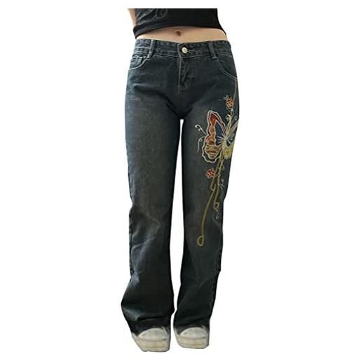 Minetom jeans donna vita alta jeans larghi pantaloni in denim streetwear vintage ricamo pantaloni con tasche i blu s