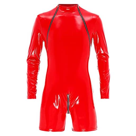 Mufeng body uomo pelle wetlook bodysuit manica lunga catsuit con cerniera sissy lingerie jumpsuit leotards tuta intera latex biancheria di cuoio erotico rosso xxl