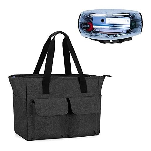 CURMIO borsa tote per insegnante da donna, grande borsa da lavoro con scomparto per laptop da 15.6, solo borsa, nero