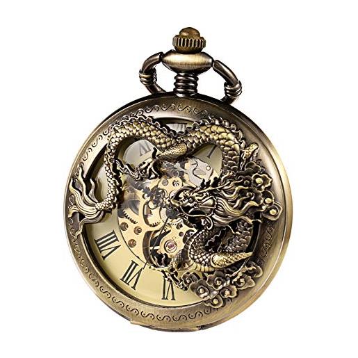 TREEWETO orologio da taschino con catena da uomo analogico meccanico a carica manuale doppia cerniera antica drago numeri romani, bronzo