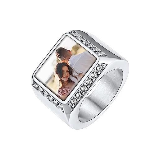 Supcare anello uomo donna personalizzato con foto, quadrato anello argento uomo personalizzabile, 14-32 misura anello uomo in aciaio inossidabile, originale regalo per lei/lui