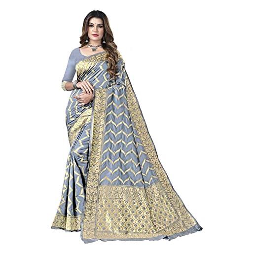 TreegoArt Fashion kanjivaram kanchipuram da donna in misto seta jacquard intrecciato dorato zari butta sari con camicetta non cucita -(eagle grey)