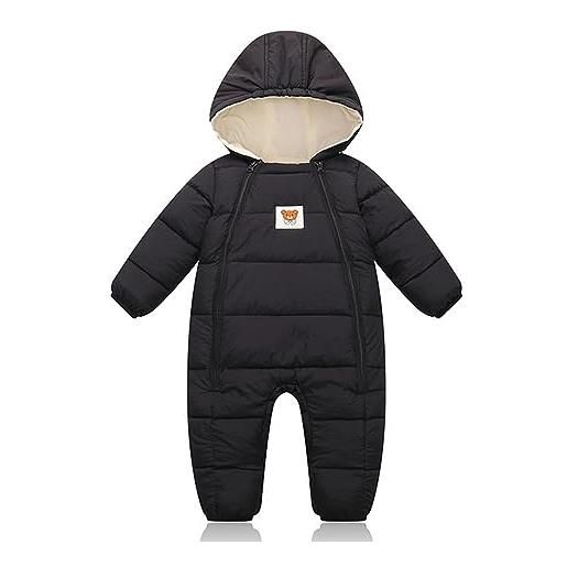 BRONG inverno bambino ragazzi tuta da neve pagliaccetto caldo con cappuccio neonato bambinepile abbigliamento da neve cappotto doppia cerniera abbigliamento nero 12-18 mesi
