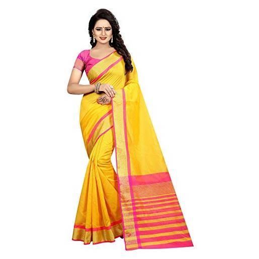 IMTRA FASHION sari da donna in cotone e seta saree indiano intrecciato con camicetta gialla (mastani parrot)