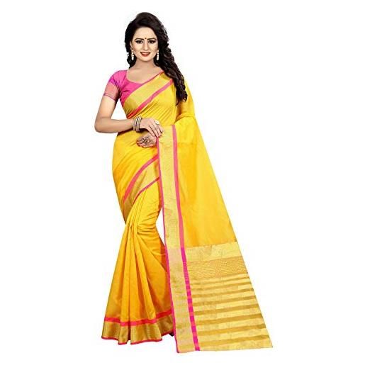 IMTRA FASHION sari da donna in cotone e seta con stampa indiana sari con camicetta gialla (mastani weaving gold)
