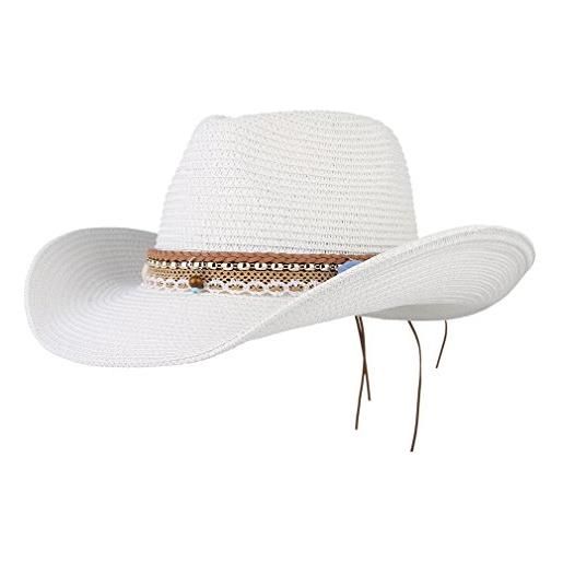 EOZY cappello da cowboy di paglia per donne e uomini ragazze roll up tesa larga western cowgirl estate spiaggia sole cappelli - bianco - taglia unica