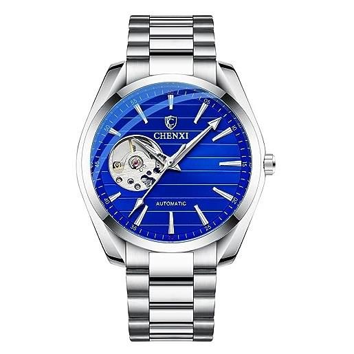 FORSINING orologio da uomo scheletro automatico orologio da polso da uomo quadrante grande orologi da lavoro meccanici in acciaio inossidabile impermeabile luminoso, blu