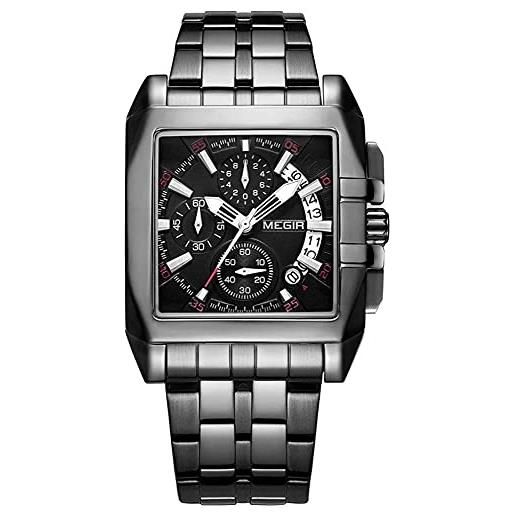 MEGIR moda quadrato quadrante cronografo orologi uomo lusso in acciaio inox orologio uomo militare sport orologi da polso impermeabile luminoso, colore nero. 
