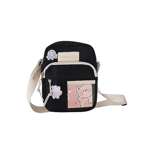 PORRASSO kawaii borsa a tracolla per ragazze borse a spalla multitasche nylon borsetta carina borsa messenger per viaggio uso quotidiano nero a