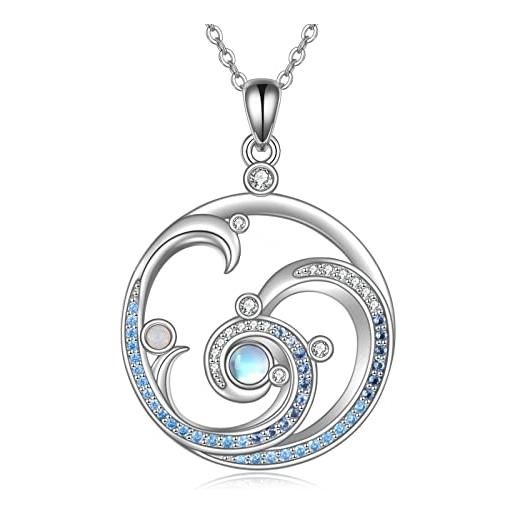 JERWLI collana in argento sterling con onde dell'oceano, con pietra di luna, opale blu, idea regalo per donne e ragazze, argento sterling