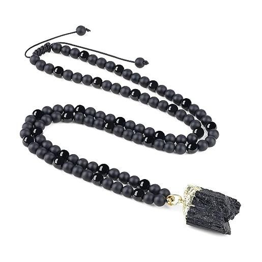 COAI collana rosario mala 108 perle di pietre nere con ciondolo di tormalina nera pietra naturale grezza