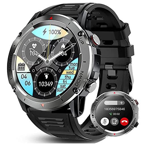 Bengux smartwatch uomo chiamate e whatsapp, 1,39'' hd tracker fitness ip68 con 100+ modalità sport, contapassi, cardiofrequenzimetro da polso, orologio fitness per android ios nero