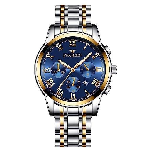 YUEYUEKE orologio da uomo al quarzo, cronografo, in acciaio inox, impermeabile, datario 30 m, analogico, al quarzo, stile casual e alla moda, per uomo (blu), oro + blu. , moderno
