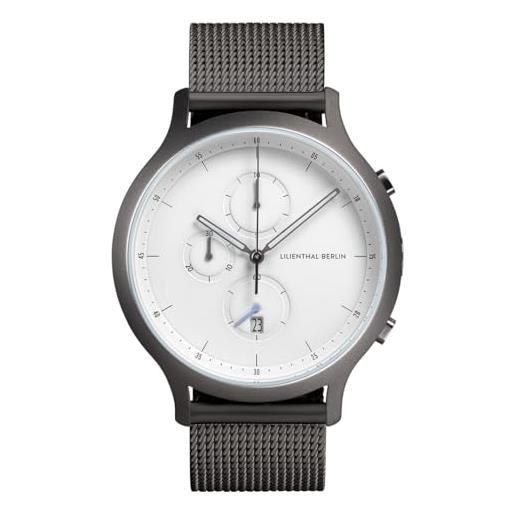 Lilienthal berlin, cronografo bianco scuro con bracciale in rete argentata, argento, klein 37,5mm, bracciale