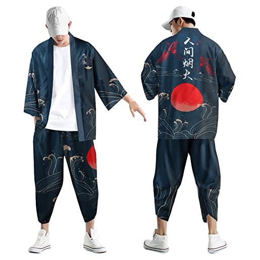 JMEDIC giapponese kimono da uomo kimono set giappone harajuku anime robe anime vestiti cardigan + pantaloni harem pigiama di abbigliamento al vapore (m, nero)