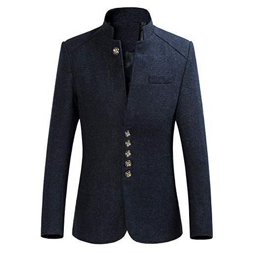FSFA giacca da uomo, con colletto alto, stile vintage, taglia grande, con semplice bottone, slim fit, business, marino, l