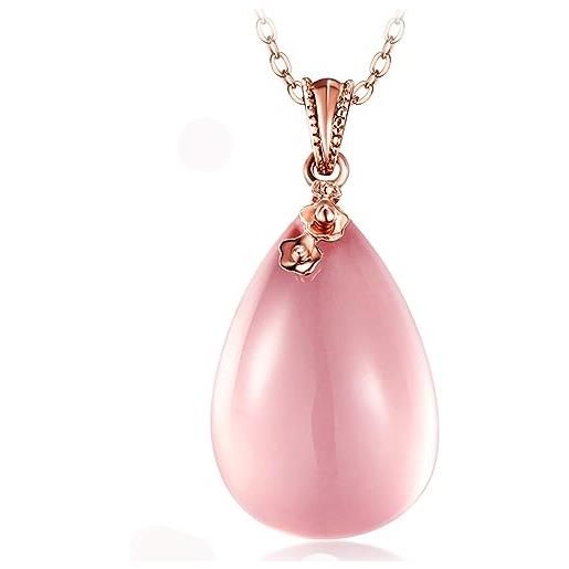 AMDXD collana da donna in oro 18 carati, con ciondolo a forma di rosa, al quarzo, a goccia, da donna, idea regalo e certificati, 45 + 5 cm, oro giallo 18 carati (750), quarzo rosa