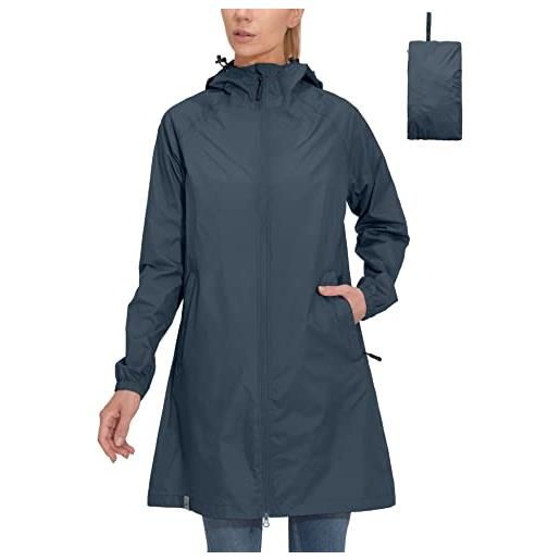 Mapamyumco giacca impermeabile da donna, traspirante, antivento, leggera, lunga con cappuccio, impermeabile, parka pioggia, giacca per il tempo libero, ultraleggera, blu, xl