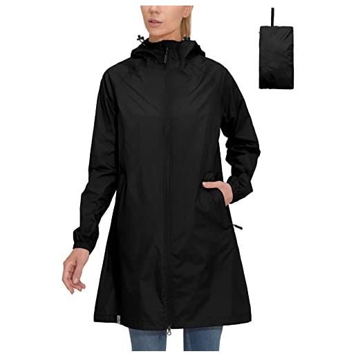 Mapamyumco giacca impermeabile da donna, traspirante, antivento, leggera, lunga con cappuccio, impermeabile, parka pioggia, giacca per il tempo libero, ultraleggera, nero , l