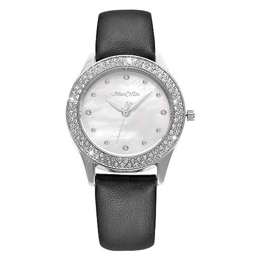 ManChDa orologio da donna con cristallo luccicante al quarzo analogico, orologio alla moda madre delle perle, cinturino in pelle nera