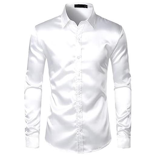 Vogrtcc camicie da uomo in raso camicia da smoking in seta camicia casual da matrimonio slim fit white l