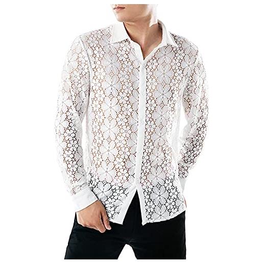 Dawwoti camicia casual da uomo camicia cavità del fiore del merletto camicia button-down t-shirt giacca a