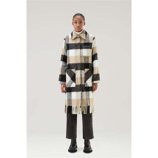 Woolrich donna giacca a camicia lunga con frange in misto lana e alpaca beige taglia xxs