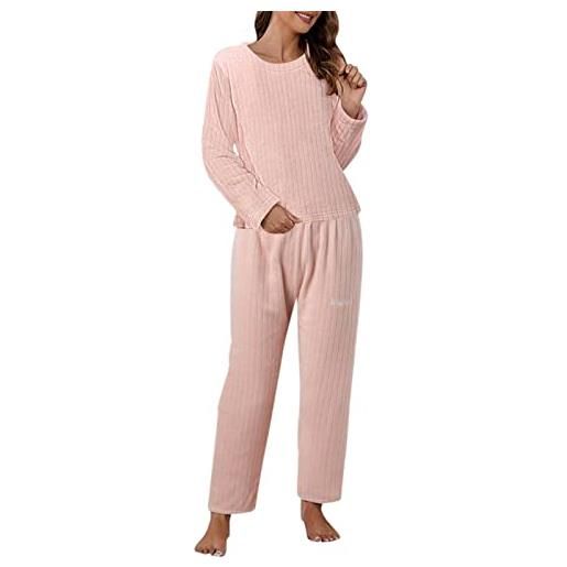 SHUIYUE pigiama da donna, in due pezzi, set di pigiama a maniche lunghe, con pantaloni lunghi, per la casa, in pile, b, taglia unica