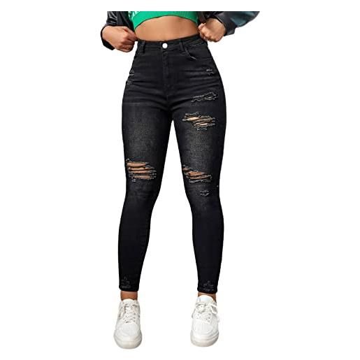 QWUVEDS personalità da donna, casual, alla moda, con orlo intagliato, jeans da donna, jeans corti da donna, jeans skinny, jeans da donna, jeans a vita alta, jeans skinny fit, jeans da donna, nero , l