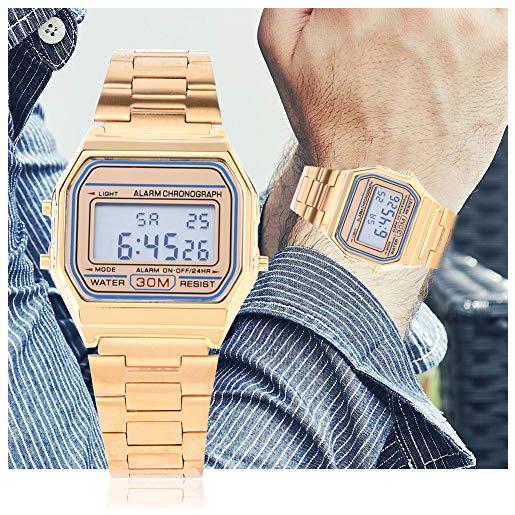 Tbest vecchio orologio digitale timex, vintage rosa, b640wc, ceas women, digital armbanduhr digital led back light orologio elettronico con cinturino in acciaio inossidabile (oro)