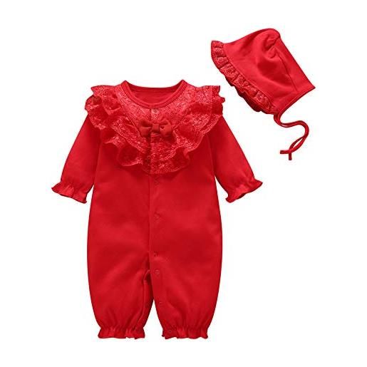 amropi bambina ragazze cotone pagliaccetto manica lunga tutine merletto collare jumpsuit + ccappello rosso, 0-3 mesi