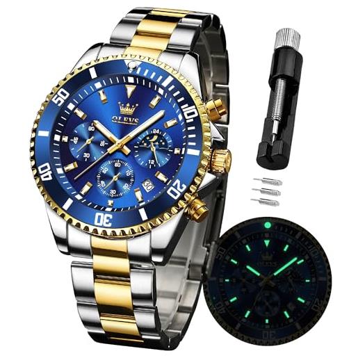 OLEVS orologio da uomo impermeabile designer di lusso formale luminoso data fase lunare orologio in acciaio inossidabile orologio al quarzo regali da uomo, argento e blu