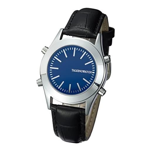 VISIONU orologio parlante inglese con sveglia, quadrante blu, cinturino in pelle nera viy-blueu-026e