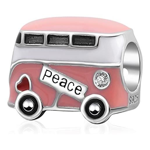CRISNATA smalto rosa bus della pace charms, fit pandora travel braccialetto, argento sterling 925 campervan mini auto beads, autobus a due piani di london charm, regalo per san valentino/ritorno a scuola