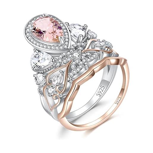 JewelryPalace 2.5ct vintage halo anello corona donna argento con creato morganite zaffiro rosa, cuore anelli impilabili donna con pietra a pera, fede oro rosa anello fidanzamento set gioielli donna