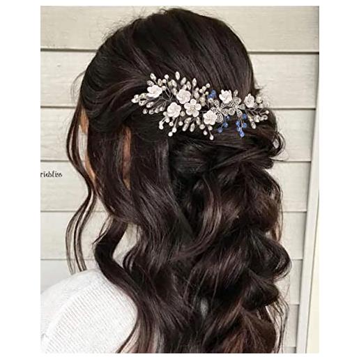 Edary accessorio per capelli da sposa con fiore e sposa, con cristalli argentati, fascia per capelli e perle blu, per donne e ragazze