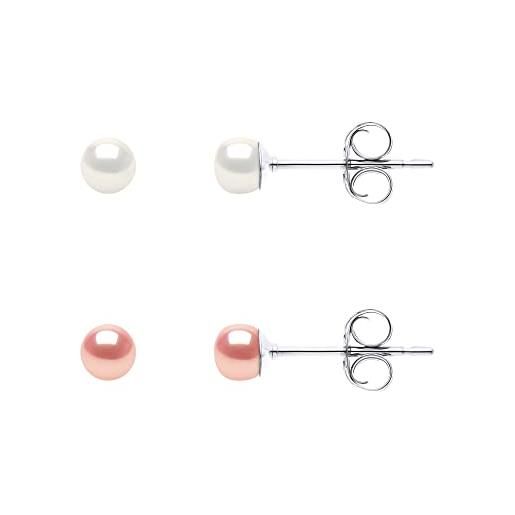 PEARLS & COLORS NATURAL FINE PEARLS pearls & colors - 2 paia di orecchini vere perle di coltivazione d'acqua dolce, bottoni 4-5 mm - qualità aaa+ - argento 925 - gioiello da donna