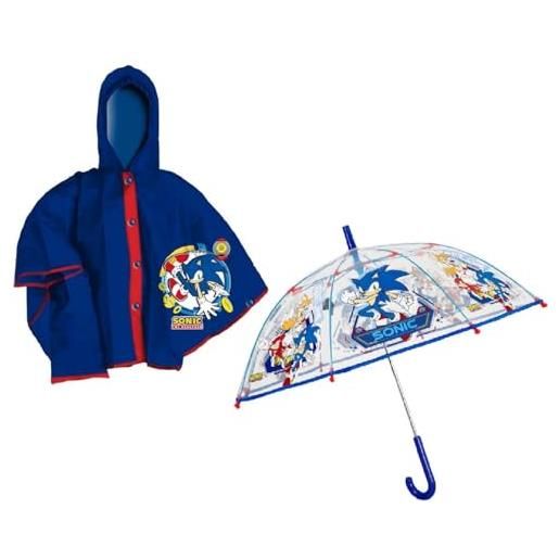 gh mantellina pioggia e ombrello sonic poncho antipioggia 4-5 anni 6-7 anni impermeabile bambino bimbo mantella sonic ombrello trasparente