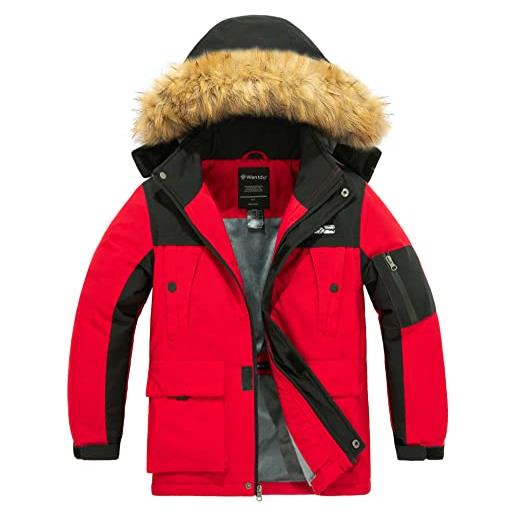 Wantdo cappotto con cappuccio pellicia impermeabile spesso bambino nero & rosso 128-134