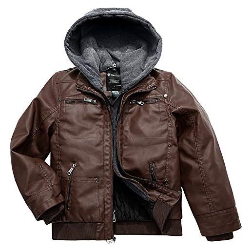Wantdo giacca classica vintage leather jacket hooded cappotto taglia grande cappotto mezza stagione texture opaca bambino caffè 140-146