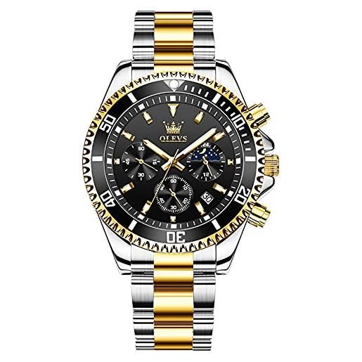 OLEVS orologio da uomo impermeabile di design di lusso formale luminoso data fasi lunari orologio in acciaio inossidabile orologio al quarzo regali da uomo, argento e nero, bracciale