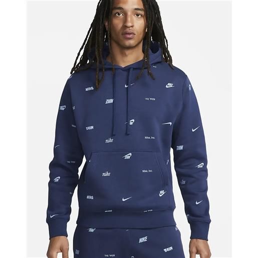 Felpa cappuccio hoodie uomo nike all over print fleece blu con tasche fb7434-410